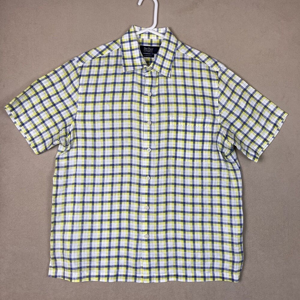 Nat Nast Shirt Mens Medium Yellow Blue Plaid Linen Short Sleeve‎ Adult